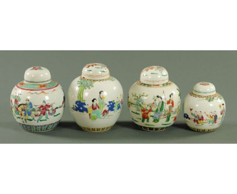 A Chinese porcelain ginger jar and cover, lid 20th century, decorated with figures and children at play in the garden exterio