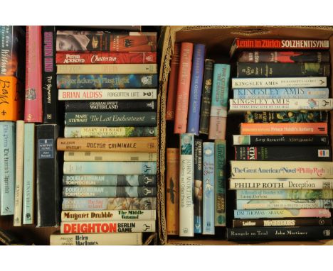 Two boxes of predominantly First Edition novels, to include the authors Kingsley Amis, Philip Roth, Brian Aldiss, Douglas Ree