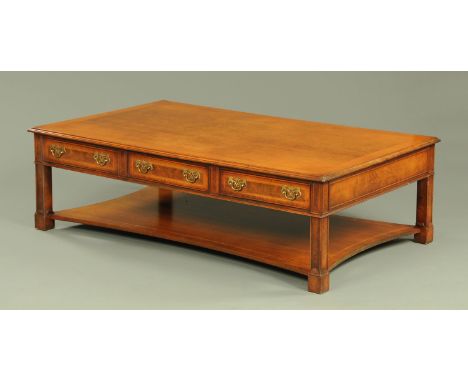 A large walnut Queen Anne style rectangular coffee table, fitted with three drawers to either side with brass drop handles, c