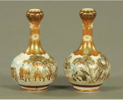 A pair of Japanese Satsuma porcelain garlic neck vases, circa 1900, each with a floral diaper neck and shoulder heightened wi