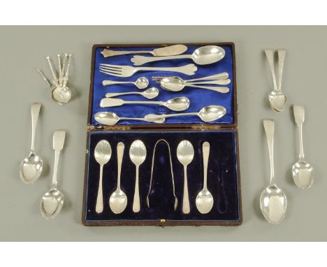 A small quantity of silver flatware, 18th century onwards, comprising trefid top spoon and fork, four dessert spoons, five ma