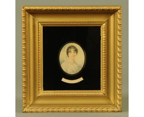 Portrait miniature lithograph of Miss Charles Kemble, within a gilt border and gilt frame, image 8 cm x 6.5 cm.