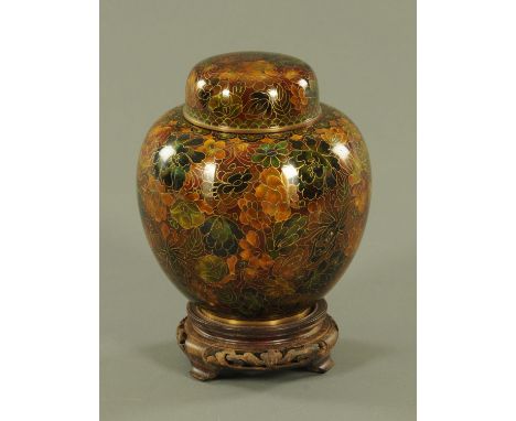 A Chinese cloisonne ginger jar and cover, 20th century, with millefiori style ground between Ruyi head and scale borders, on 