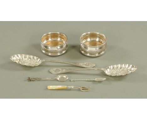 A pair of silver plated berry spoons, a pair of glass coasters, two continental spoons and small pickle fork.  