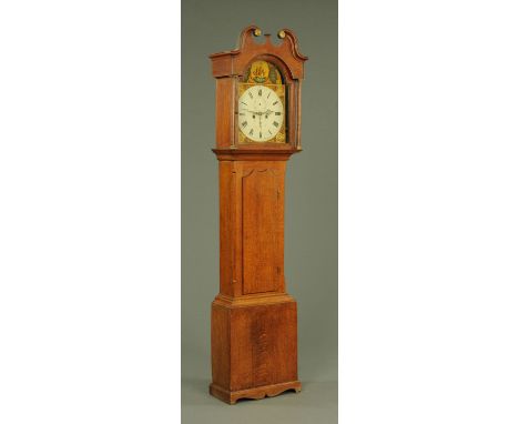 An early 19th century oak longcase clock, the hood with swans neck pediment above the painted dial with ship to arch and with