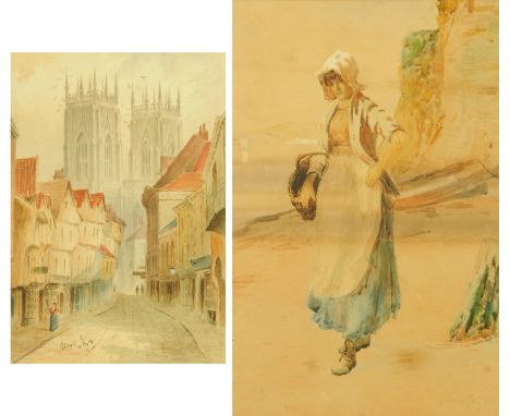 Buckley Ousey (1851-1889), portrait of a young fisher girl standing by the cliffs, signed and dated 1887, watercolour.  34.5 