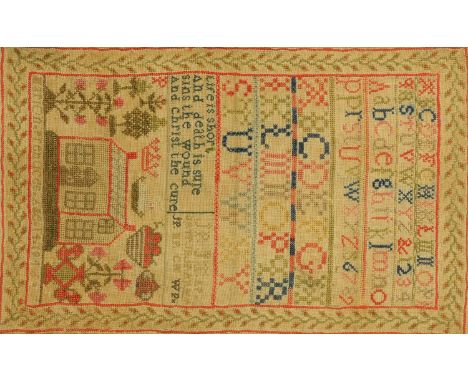An early Victorian sampler, Marion Prentice 1846, alphabet, verse and house.  43 cm x 27 cm(see illustration).