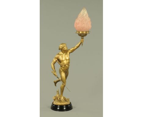 After E Picault, "Victoria", a gilded spelter table lamp, early 20th century, 76 cm high. CONDITION REPORT: The light is in g