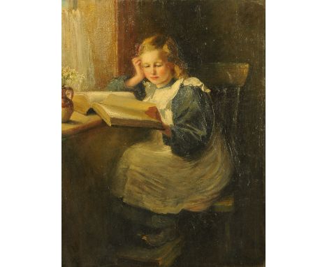 John Dalzell Kenworthy ARCA (British 1858-1954), a young girl reading a book by a window, signed, oil on canvas.  46 cm x 36 