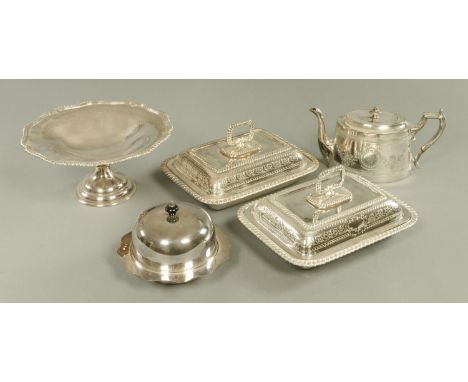 A pair of silver plated rectangular entree dishes, muffin dish, fruit basin and plated teapot.  