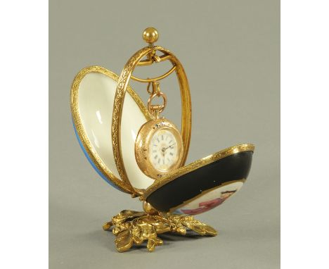 A 14 ct gold cased ladies fob watch, late 19th century, with enamel floral decoration, the dial with Roman numerals and furth