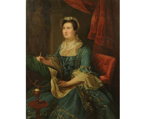 A large 19th century oil painting on canvas, portrait of a lady embroidering.  126 cm x 100 cm, in original ornate giltwood a