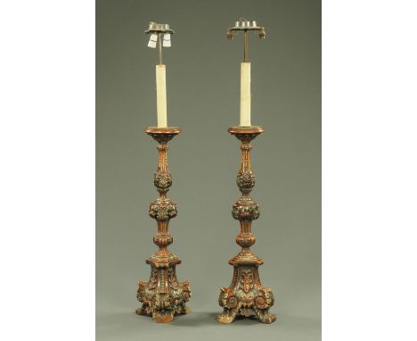 A pair of wood and gesso painted lamp standards, in the Italian style.  Height including light fittings 145 cm. 