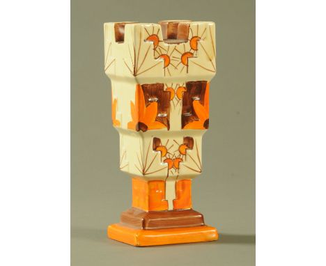 A Myott Son & Co Art Deco vase, the top with five apertures upon a square stepped and tapering body decorated with flowers in