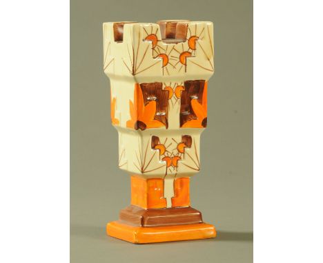 A Myott Son & Co Art Deco vase, the top with five apertures upon a square stepped and tapering body decorated with flowers in