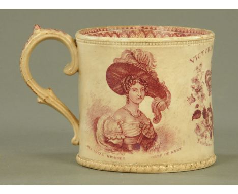 A Queen Victoria Coronation mug, June 1837, with puce print. Height 10 cm.  CONDITION REPORT: The glazing around the edges of