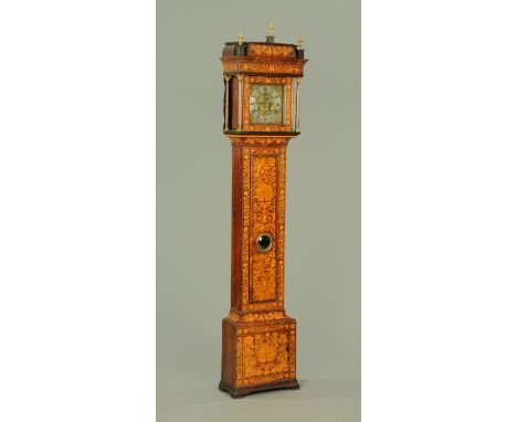 An 18th century Dutch marquetry longcase clock, the square brass dial with silvered chapter ring with Roman and Arabic numera