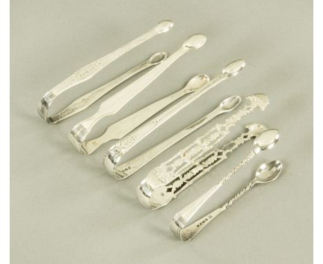 Four pairs of Georgian silver sugar tongs, to include Hester Bateman, Richard Mills, Thomas Wallis II and John Cormick and a 