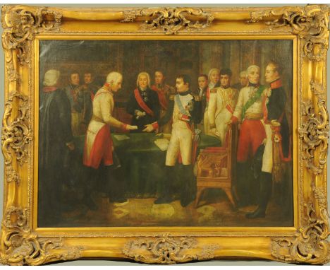 After Nicolas Louis Francois Gosse (French 1787-1878), "Congress of Erfurt", colour print on canvas, mounted within an ornate