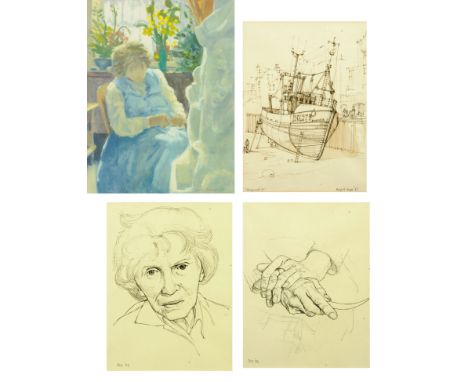 Philip McLeod Coupe, three pencil drawings and watercolour portrait of Josefina de Vasconcellos.  Largest 37 cm x 28 cm, all 