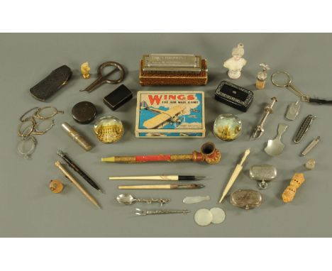 Collectors' items, to include a Hohner German chromatic harmonica, lacquered snuffboxes and plated ware. 