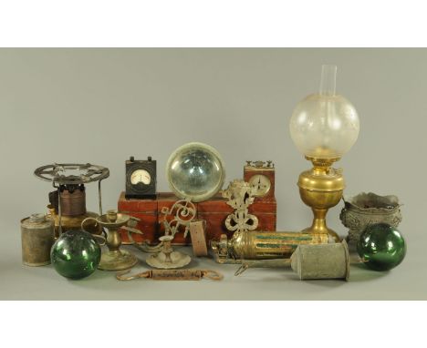 Miscellania - to include a Smith's car lamp attached to a potentiometer unit, Bakelite and mahogany cased meters, a primus st