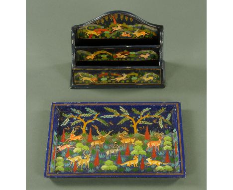 A Persian inspired two division letter rack with matching tray.  Lengths 19 cm and 25 cm respectively.   CONDITION REPORT: Th