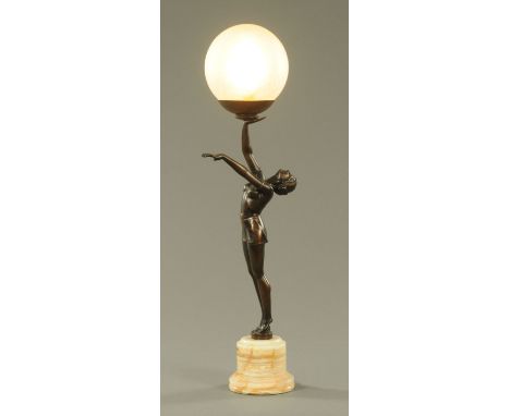 An Art Deco style metal table lamp, raised on a marble base.  Height including shade 68 cm. CONDITION REPORT: Art Deco in sty