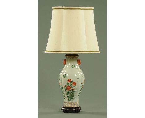 A modern Chinese porcelain table lamp, 20th century, modelled after an arrow vase, with floral sprays beneath birds and insec