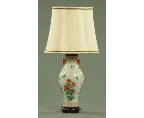 A modern Chinese porcelain table lamp, 20th century, modelled after an arrow vase, with floral sprays beneath birds and insec