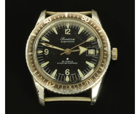 A vintage Sicura Submarine Super Waterproof wristwatch, with date aperture, luminous hands and batons and with rotating bezel