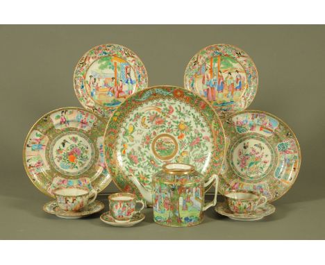 A collection of Chinese Canton enamel wares, 19th century, comprising a large dished plate decorated with auspicious fruits, 