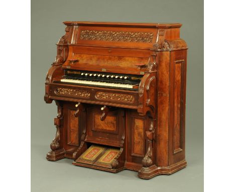 A late 19th century Canadian walnut harmonium, by the Dominion Organ Co, Bowmanville, Ontario, Canada, retailed by Forsyth Br