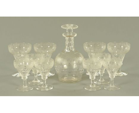 A part suite of drinking glasses, comprising decanter, four red and six white wine glasses, all with etched fruiting vine dec