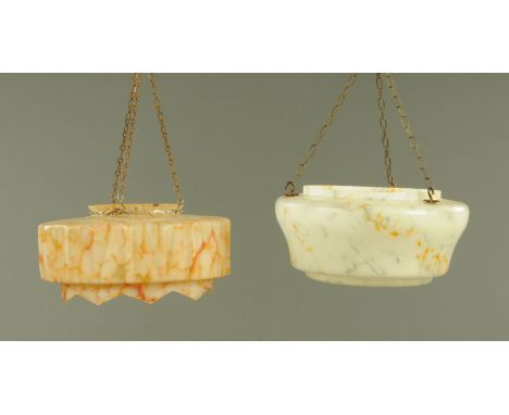 Two moulded glass light shades, circa 1920's, each with marble glass effect and hanging chains.  29 cm and 30 cm diameter.