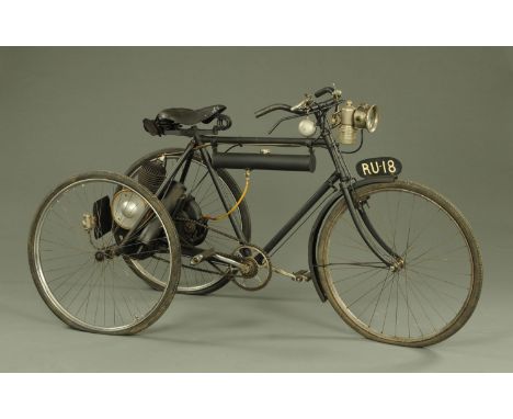 A scratch built motorised tricycle, principally early 20th century, with Lucas carbide front and rear lights, with heavy duty