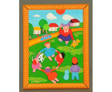 Annie Robinson (Irish b. 1961), "Ring Around the Rosie/Girl with Balloon", signed, oil on artists board, titled on frame and 