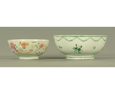 Two Chinese export bowls, 19th century the smaller example in famille rose pattern of a garden scene of flowering peony and r