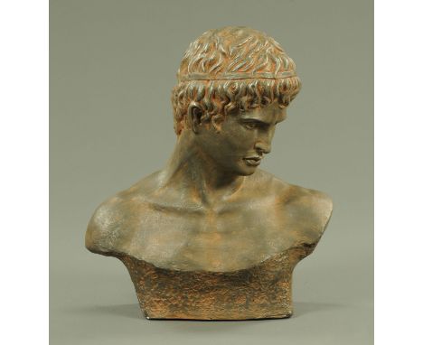 A hollow composition bust of a Grecian man, height 55 cm. CONDITION REPORT: This item is purely a interior furnishing item an