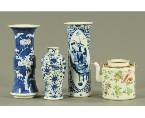 Three Chinese blue and white vases, late 19th century, two with four character pseudo Kangxi marks and a Canton enamel teapot