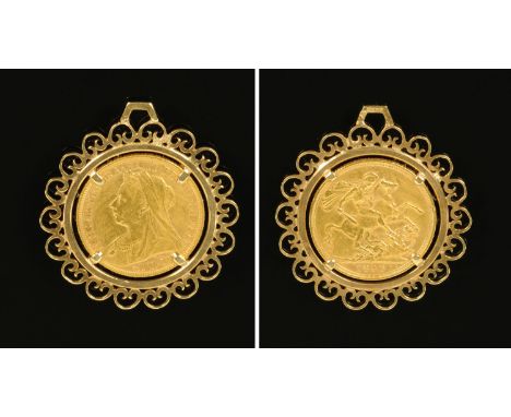 A Victorian sovereign, 1896 M, in 9 ct gold loose pendant mount, 11 grams.