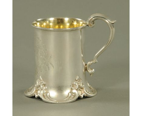A Victorian silver christening mug, Henry Wilkinson &amp; Co., Sheffield 1855, with engraved floral cartouche with initials "