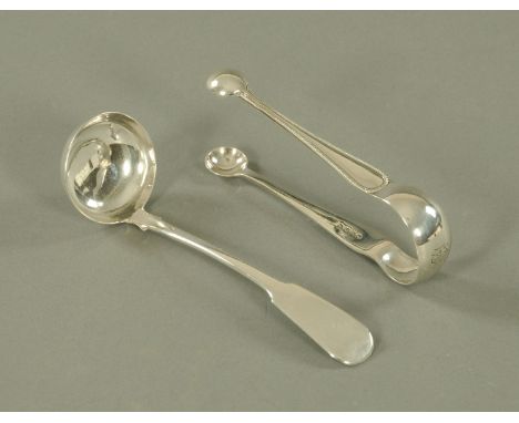 A George IV Scottish silver sauce ladle, John Sutter, Edinburgh 1928, the terminal engraved "G", length 15 cm and a pair of V