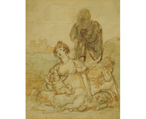 18th century English School, preliminary sketch of three figures, a lady to the foreground seated with child, pencil and wate