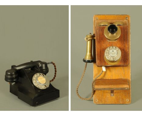 A wall mounted vintage telephone with brass and Bakelite earpiece and mouthpiece, together with a black Bakelite telephone mo