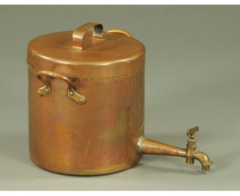 A large copper 19th century hot water kettle, with two carrying handles and tap.  Height 30 cm.  CONDITION REPORT: There is e