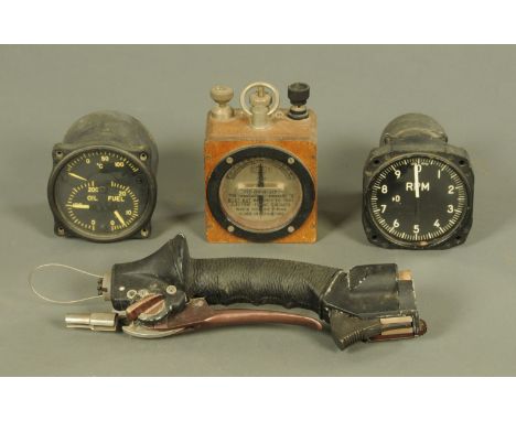 A World War II period General Electric EU. Aerospace US Navy tachometer MkV, together with a cockpit three in one temperature