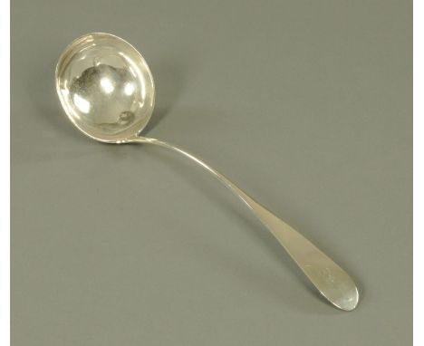 A George III Scottish silver ladle, Francis Howden, Edinburgh 1798, the terminal engraved with the letter "E".  38 cm long, 1