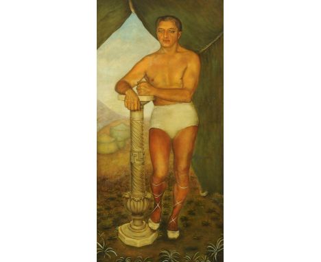 A large oil painting on canvas, full length portrait of a soldier in standing pose by column with tents beyond.  200 cm x 100
