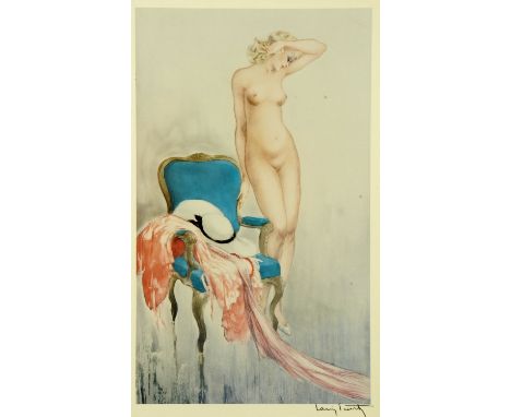 After Louis Icart, a modern coloured print, depicting a full length nude female standing beside a chair draped with a hat and